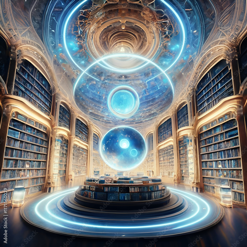 virtual view of golden-blue Akashi library extraterrestrial magical space. knowledge mystery concept. Ai generated.