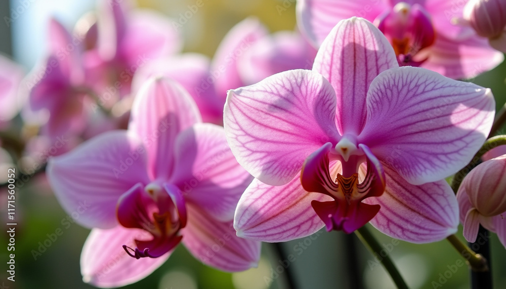 Close-up of vibrant pink orchids in bloom, showcasing delicate petals and intricate details Close-up of vibrant pink orchids in bloom, showcasing delicate petals and intricate details
