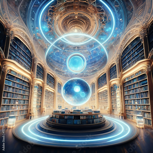Obraz na płótnie virtual view of golden-blue Akashi library extraterrestrial magical space. knowledge mystery concept. Ai generated. w salonie