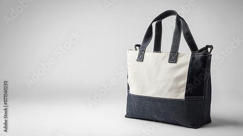 A sleek denim and canvas tote bag with monochromatic patchwork, photographed on a white background for a modern and clean presentation. photo