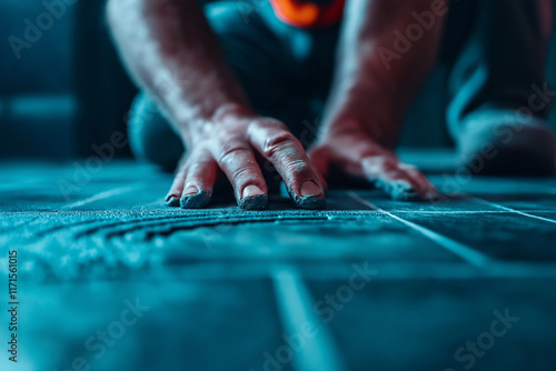 Detailaufnahme eines Handwerkers beim Verlegen von Fliesen auf dem Boden

 photo