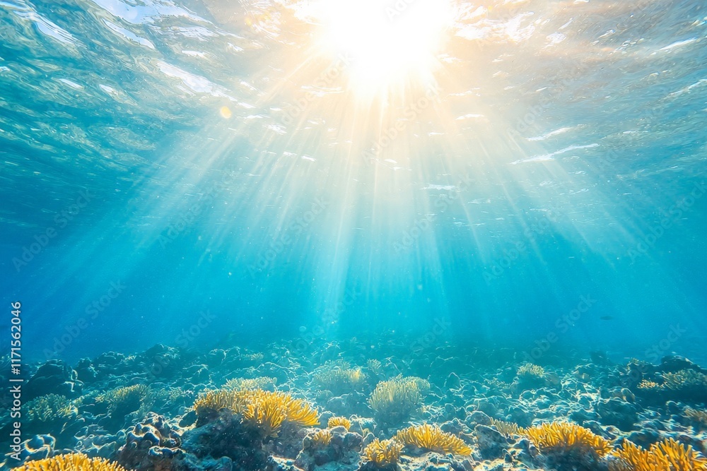 Fototapeta premium Sunbeams Pierce Tranquil Ocean Depths.