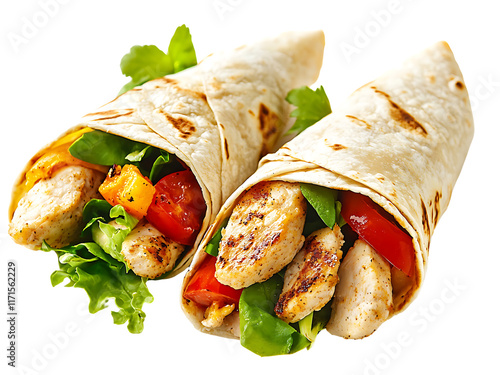 chicken wraps filled with fresh vegetables isolated on transparent or white background, png cutout photo