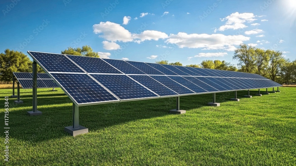 Bright Solar Array in Open Field with Blue Sky Bright Solar Array in Open Field with Blue Sky