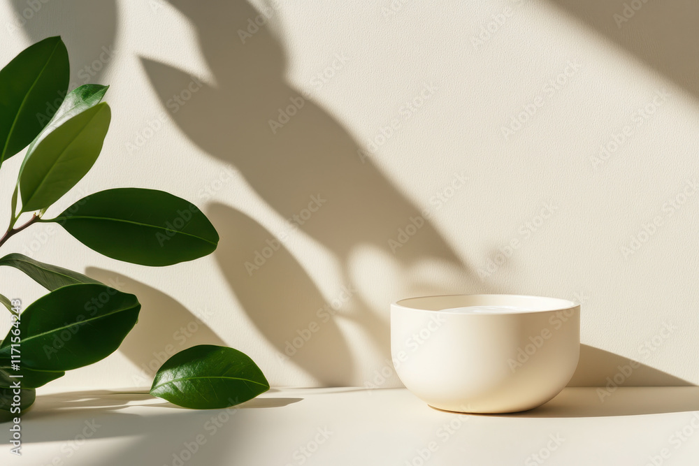 Minimalist Lifestyle: Tranquil Scene with Sunlit Leaves and Elegant Bowl in Serene Home Space