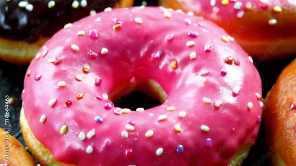 close-up of steaming donut with sparkling sugar or golden donut with powdered sugar and crispy finish
