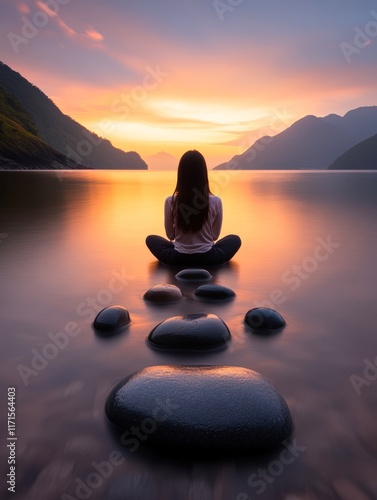 A serene image of a person meditating by a tranquil lake during a stunning sunset, This photo can be used for wellness, relaxation, or mindfulness themes in marketing, articles, or blogs, photo