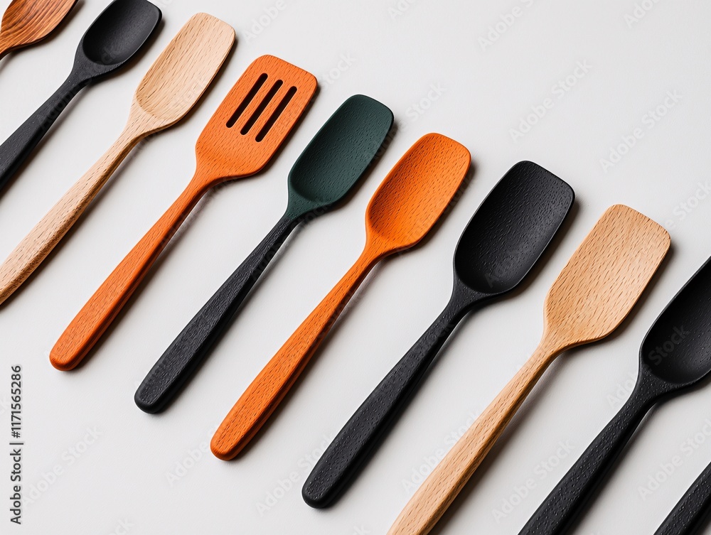 Cooking utensils display colorful wooden spatulas on white surface Cooking utensils display colorful wooden spatulas on white surface