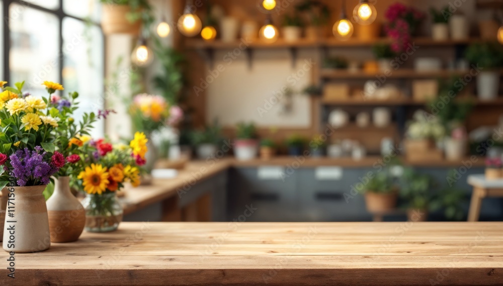 Empty counter in blurry background of flower shop Empty counter in blurry background of flower shop