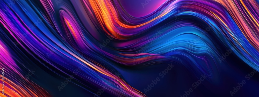 Vibrant flowing waves, neon colors, abstract digital art, electric blue, magenta, purple, yellow, dynamic curves, light trails, fluid motion, glossy texture, dark background, ethereal energy, futurist Vibrant flowing waves, neon colors, abstract digital art, electric blue, magenta, purple, yellow, dynamic curves, light trails, fluid motion, glossy texture, dark background, ethereal energy, futurist
