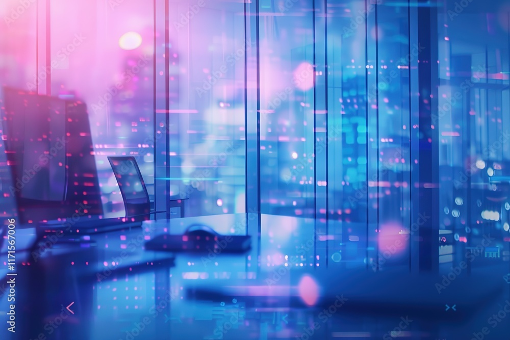 Fototapeta premium Modern office at night, city view. Desk with computers.