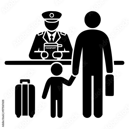 Immigration Checkpoint Icon, Family Traveling with Passport, Airport Customs Illustration, Visa Control, International Travel Concept, Border Security Graphic, Travel Documentation Process