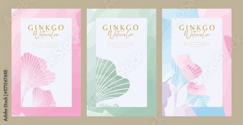 Watercolor vertical ginkgo background for spa business documents