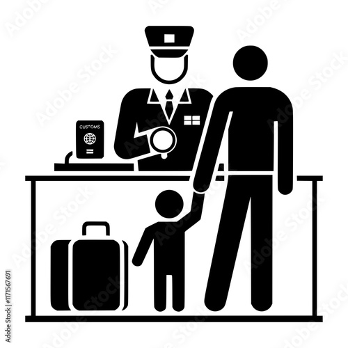 Immigration Checkpoint Icon, Family Traveling with Passport, Airport Customs Illustration, Visa Control, International Travel Concept, Border Security Graphic, Travel Documentation Process