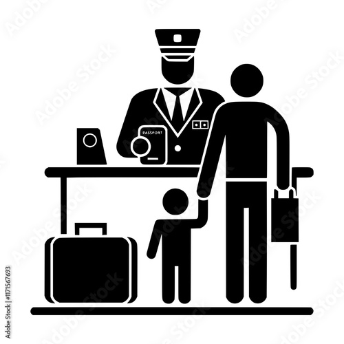 Immigration Checkpoint Icon, Family Traveling with Passport, Airport Customs Illustration, Visa Control, International Travel Concept, Border Security Graphic, Travel Documentation Process