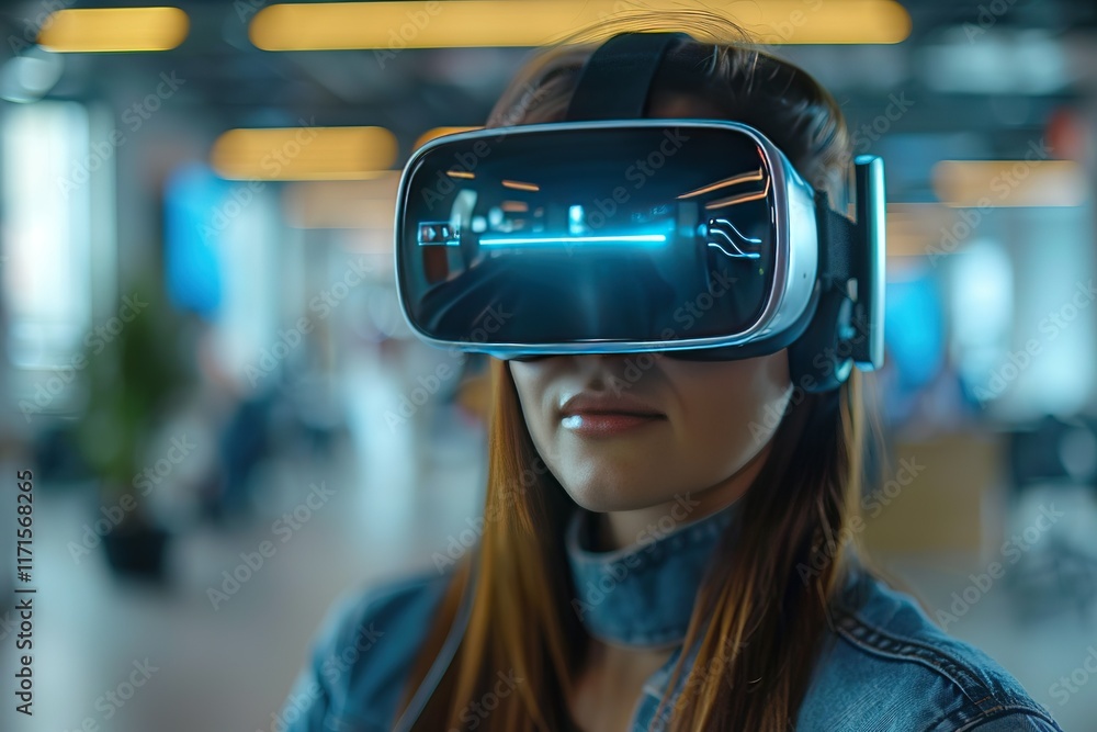 Woman experiencing immersive virtual reality. Woman experiencing immersive virtual reality.