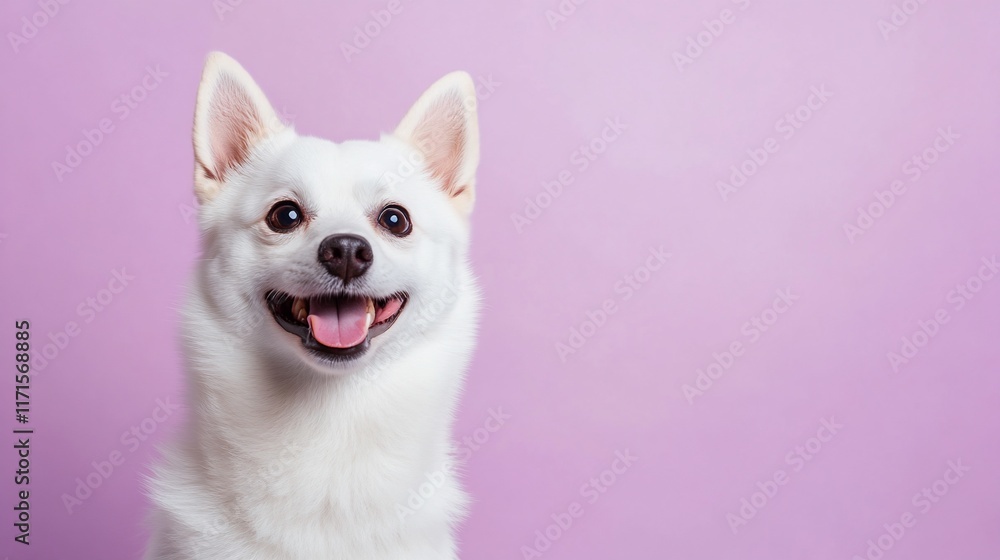 A cheerful white dog smiling against a soft purple background. A cheerful white dog smiling against a soft purple background.