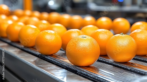 Oranges moving along a factory conveyor belt photo