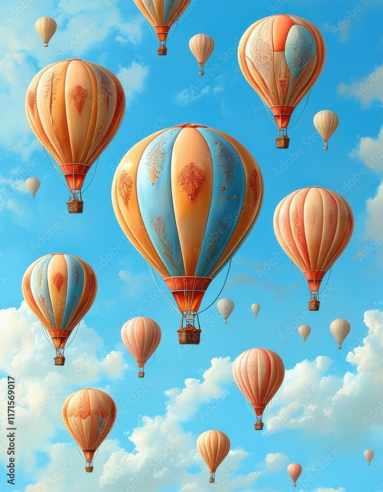 Obraz premium wallpaper featuring orange hot air balloons flying in a blue sky