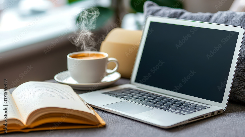 Fototapeta premium A cozy workspace featuring a laptop, steaming coffee, and a book, perfect for productivity and relaxation.