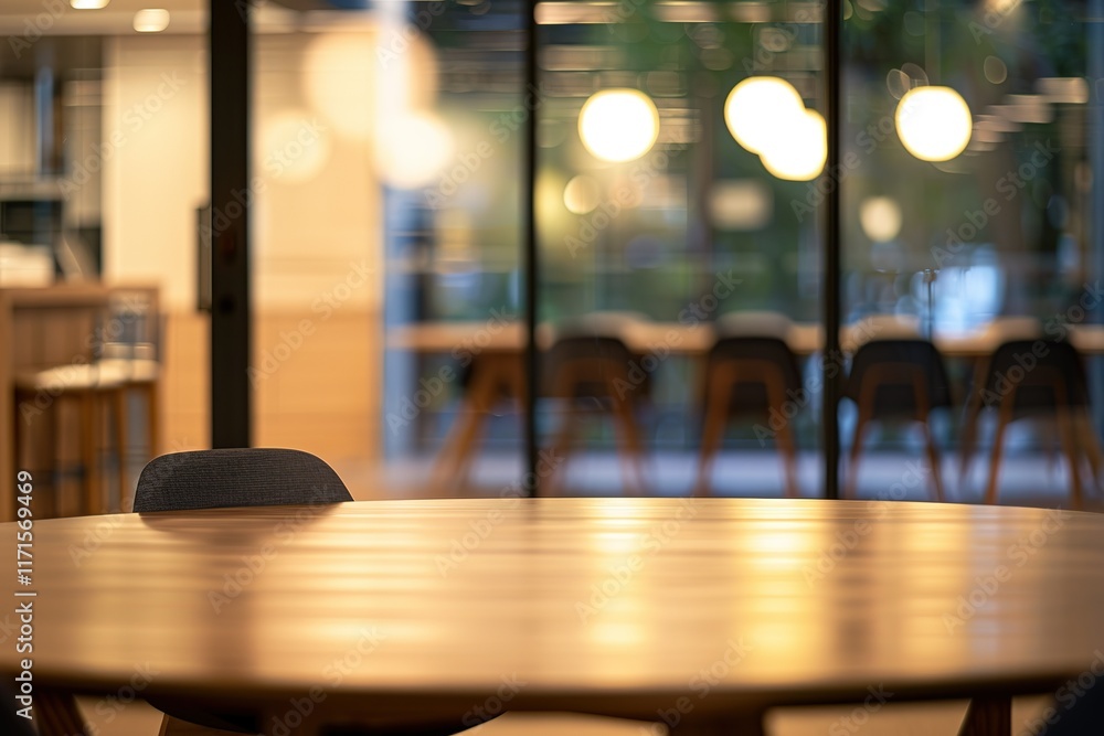 Empty wooden table in modern office space with blurred background. Empty wooden table in modern office space with blurred background.