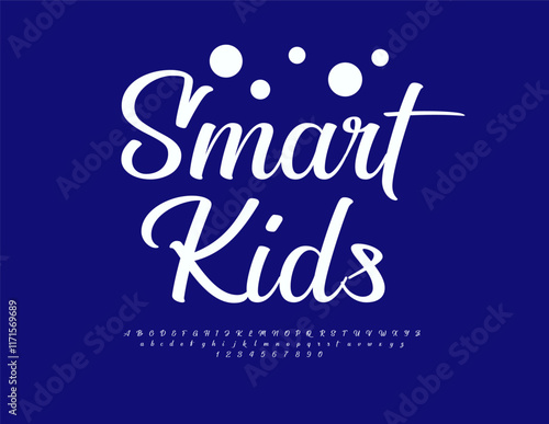 Vector bright emblem Smart Kids. Classic Calligraphic Alphabet Letters and Numbers set. White Cursive Font