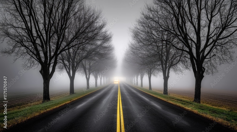 Fototapeta premium Dense Fog Covers a Serene Rural Road Lined with Leafless Trees, Creating an Atmospheric and Quiet Scene Perfect for Nature Photography