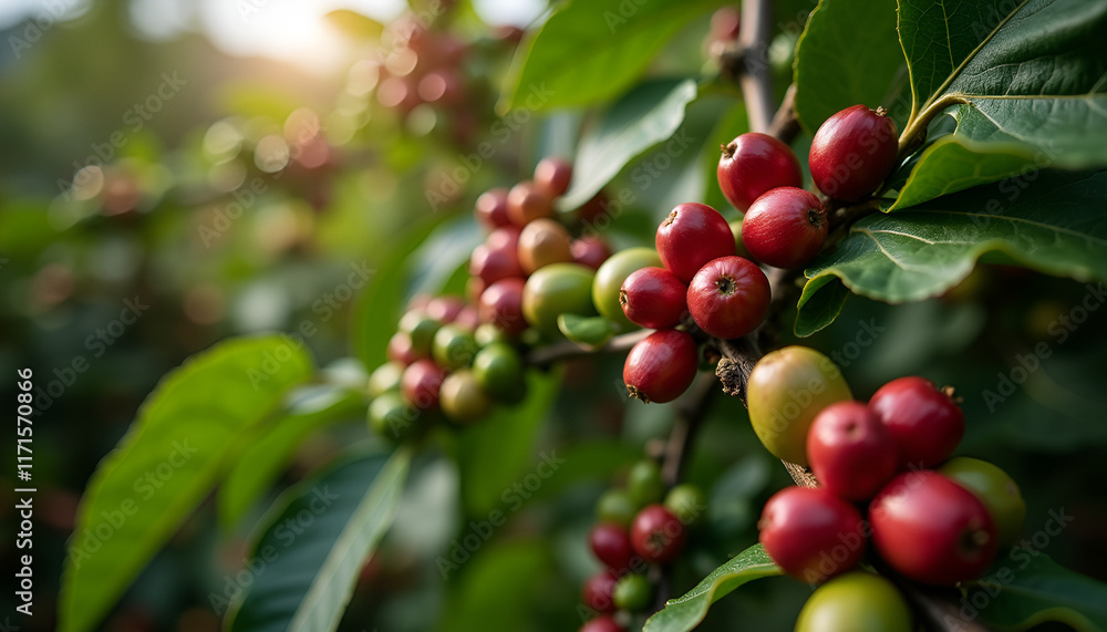 Close-up of ripe coffee cherries growing on a coffee plant Close-up of ripe coffee cherries growing on a coffee plant
