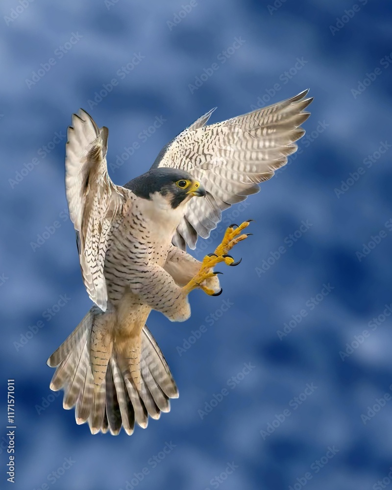 Fototapeta premium Peregrine falcon flies quickly, claws outstretched ready to catch prey. Bird of prey with gray and white feathers, sharp eyes and a hooked beak. Background of cloudy blue sky. 