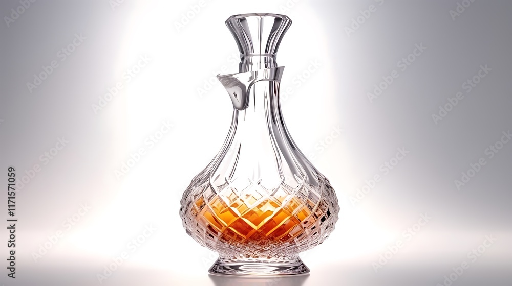Isolated crystal clear wine decanter with elegant curves isolated on solid white background.