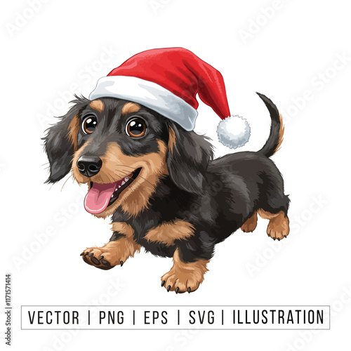 Cute Dachshund Puppy in Santa Hat - Christmas Cartoon Vector Illustration