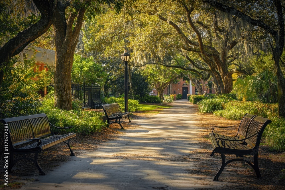 Naklejka premium Serene pathway through a park in Charleston