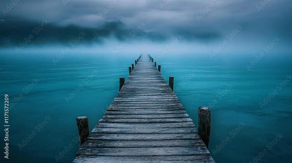 Fototapeta premium Serene Lonely Pier Stretching Into a Fog-Covered Lake at Dawn, Capturing the Tranquility of Nature and Evoking a Sense of Solitude and Reflection