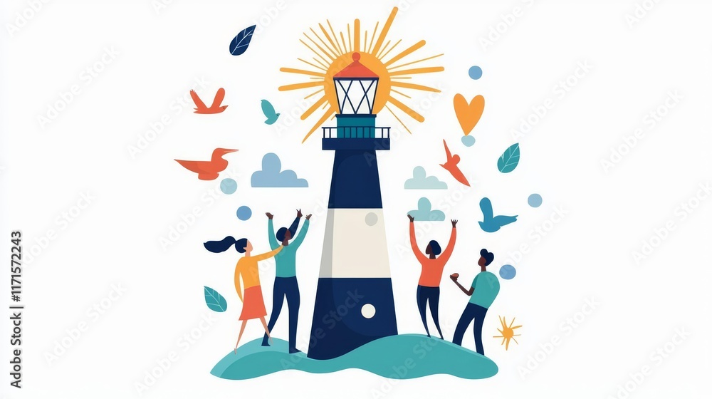 A vibrant illustration of a lighthouse with joyful people. A vibrant illustration of a lighthouse with joyful people.