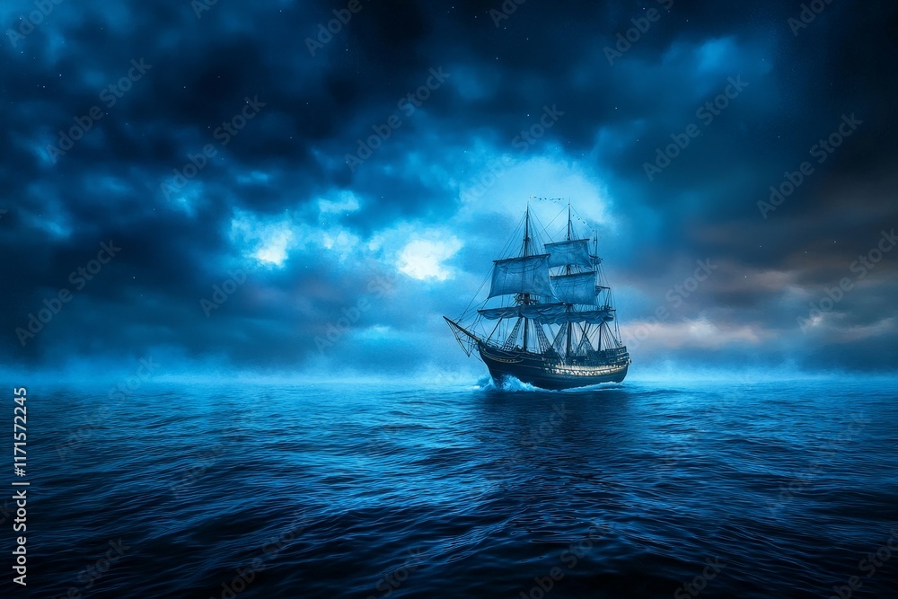 Obraz premium A Lonely Ship Sailing Through a Foggy, Dark Sea Under an Ominous Sky with Faint Light Breaking Through the Clouds