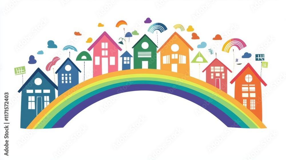 Colorful houses under a vibrant rainbow, symbolizing joy and unity. Colorful houses under a vibrant rainbow, symbolizing joy and unity.