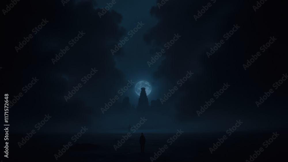 Fototapeta premium A dark, futuristic landscape with an AI-controlled city under a dim moonlit sky.