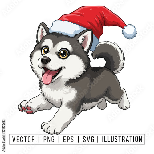 Cute Alaskan Malamute Puppy in Santa Hat - Christmas Cartoon Vector Illustration