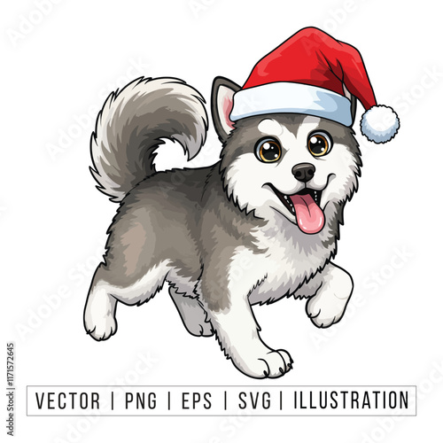 Cute Alaskan Malamute Puppy in Santa Hat - Christmas Cartoon Vector Illustration