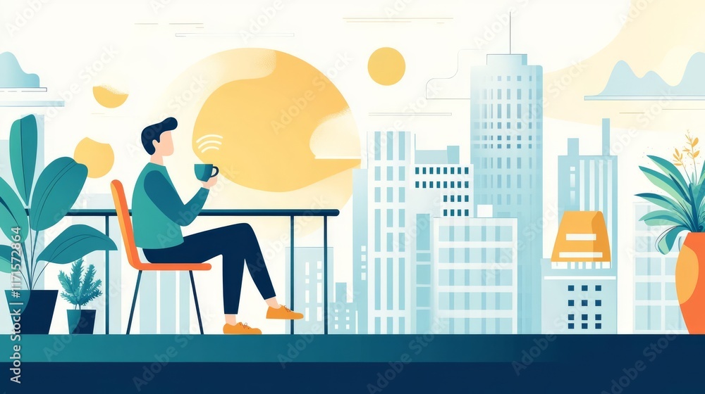Obraz premium Man enjoying coffee on balcony with urban city view.