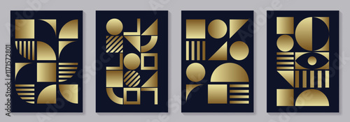 Set of gold and black geometric vector pattern posters with 20s geometric design. Trendy bauhaus pattern background for cover design, poster and interior. Retro illustration.