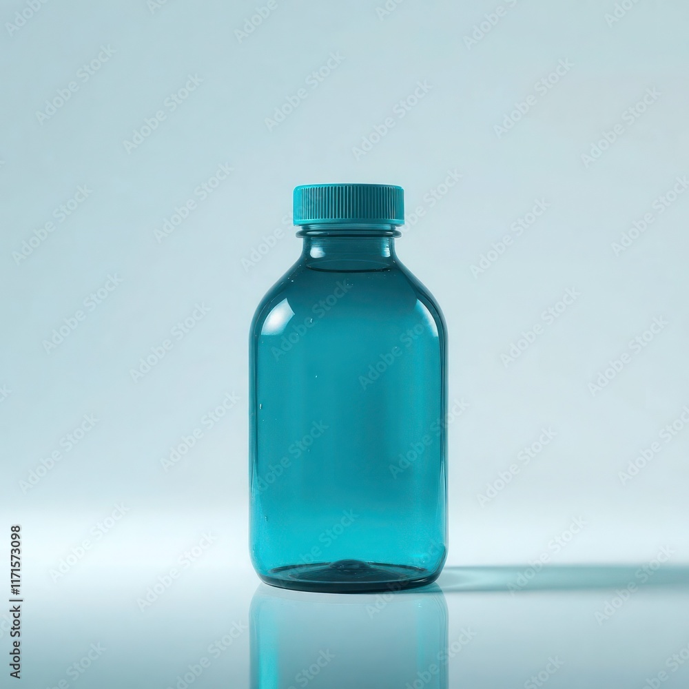 Transparent blue bottle mockup with cap on light background for product display Transparent blue bottle mockup with cap on light background for product display