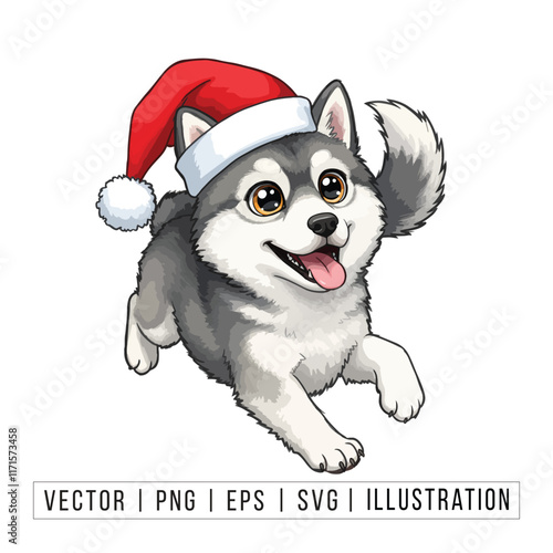 Cute Alaskan Malamute Puppy in Santa Hat - Christmas Cartoon Vector Illustration