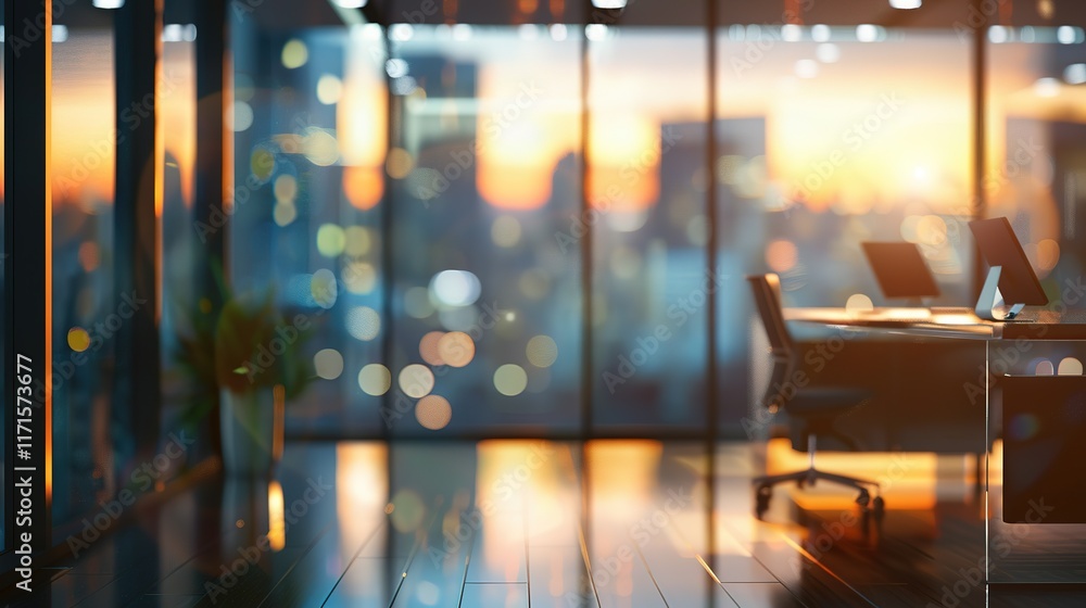 Modern office at sunset, city view. Modern office at sunset, city view.