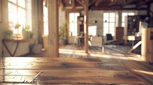 Wallpaper Mural Rustic wooden table in a sunlit office space. Torontodigital.ca