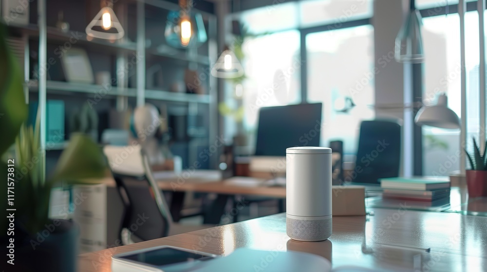Smart speaker on a modern office desk. Smart speaker on a modern office desk.