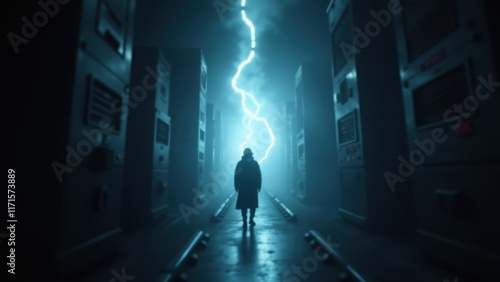 Wallpaper Mural A person walking through an ominous hallway with light beams striking from above, showcasing advanced technology in a futuristic setting. Torontodigital.ca