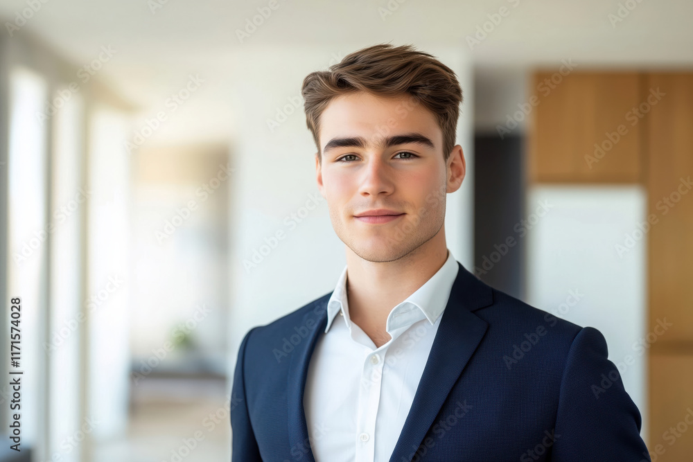 A young beautiful male real estate agent in a modern apartment A young beautiful male real estate agent in a modern apartment