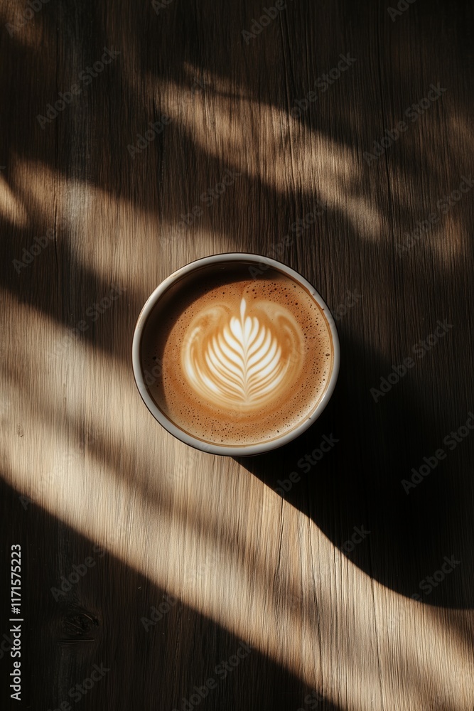 Top view, taken from above the cup, capturing a latte art design in rich brown coffee on top of a dark wooden table. Top view, taken from above the cup, capturing a latte art design in rich brown coffee on top of a dark wooden table.