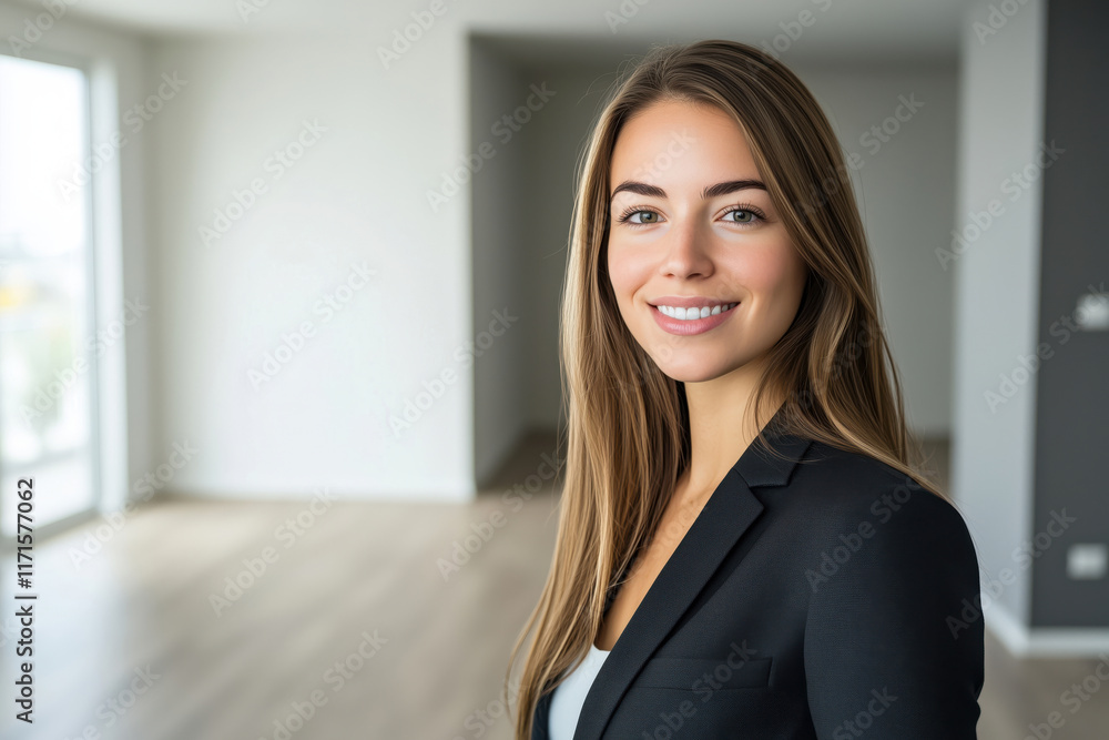 A beautiful female real estate agent with an empty modern apartment in the background A beautiful female real estate agent with an empty modern apartment in the background